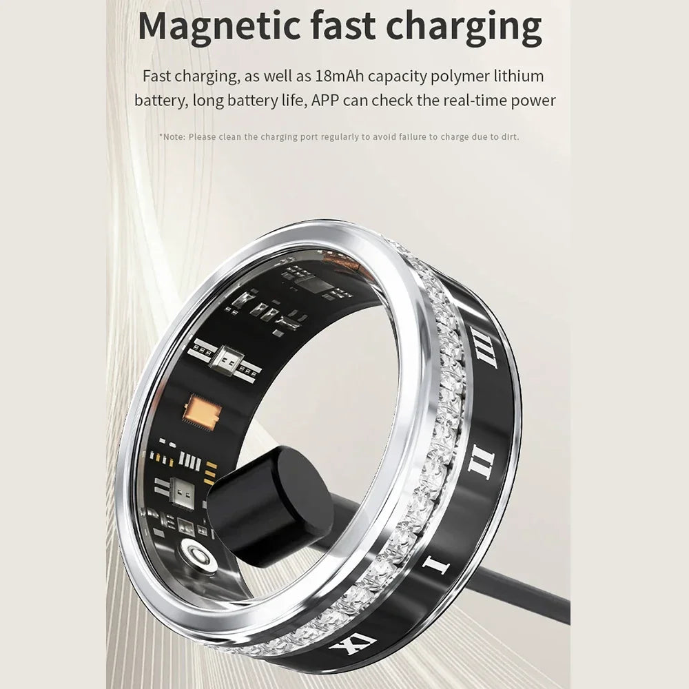 Diamond Inlaid Smart Ring Heart Rate Health Monitor, Blood Oxygen Waterproof Multi-Sport Mode Smart Tracker for Iphone Android
