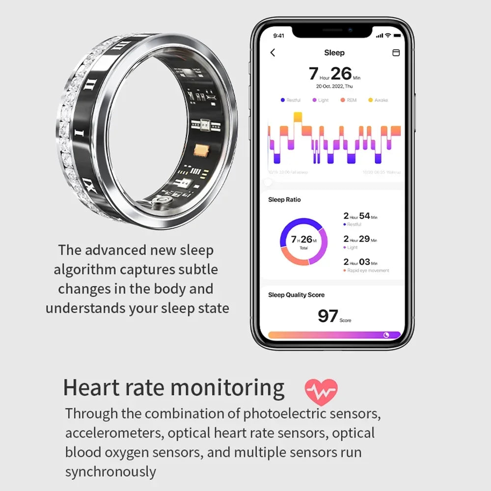 Diamond Inlaid Smart Ring Heart Rate Health Monitor, Blood Oxygen Waterproof Multi-Sport Mode Smart Tracker for Iphone Android