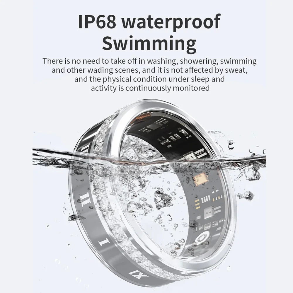 Diamond Inlaid Smart Ring Heart Rate Health Monitor, Blood Oxygen Waterproof Multi-Sport Mode Smart Tracker for Iphone Android