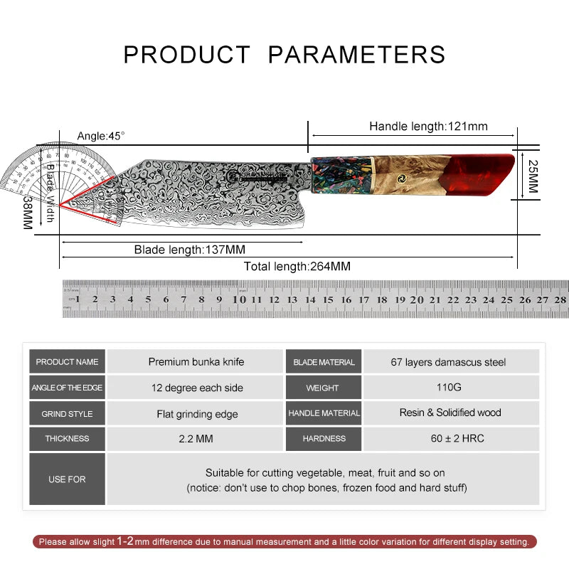Professional Japanese Damascus Chef Knife - 10CR15COM Stainless Steel for Fish, Meat & Vegetables - Red Handle Butcher Knife