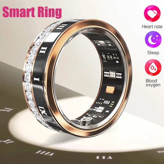 Diamond Inlaid Smart Ring Heart Rate Health Monitor, Blood Oxygen Waterproof Multi-Sport Mode Smart Tracker for Iphone Android